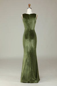 Square Neck Olive Green Velvet Slit Long Bridesmaid Dress