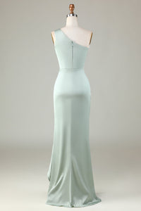 Elegant One Shoulder Matcha Ruched  Long Bridesmaid Dress