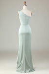 Elegant One Shoulder Matcha Ruched  Long Bridesmaid Dress