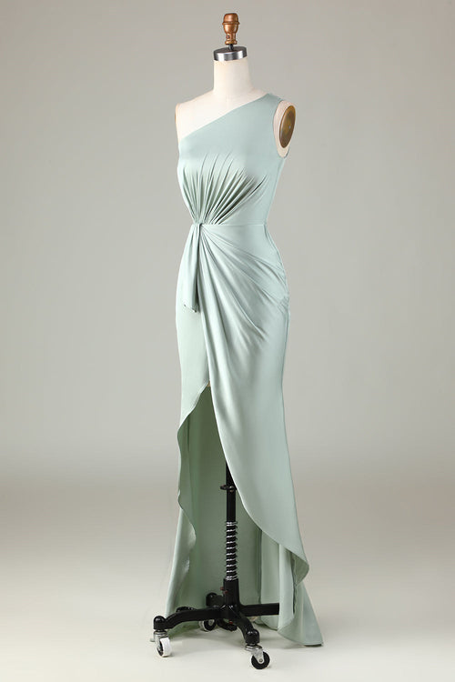 Elegant One Shoulder Matcha Ruched  Long Bridesmaid Dress