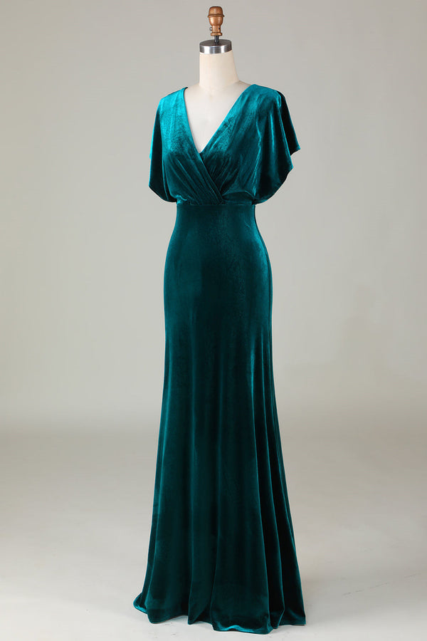 V-Neck Peacock Green Ruffle Sleeves Vlevet Bridesmaid Dress