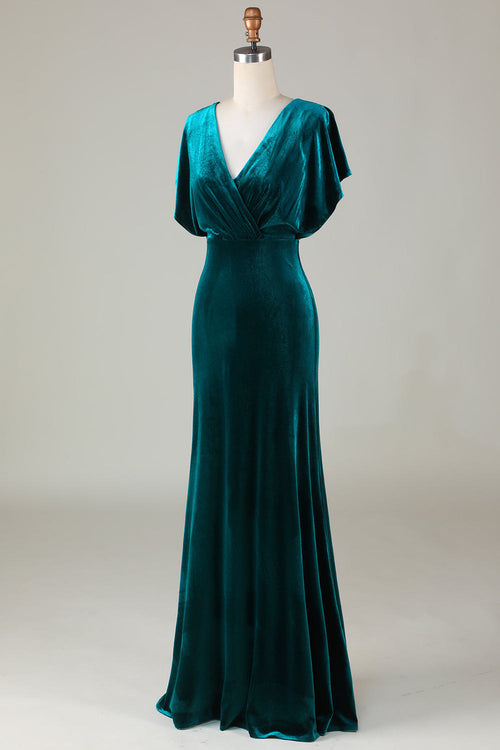V-Neck Peacock Green Ruffle Sleeves Vlevet Bridesmaid Dress