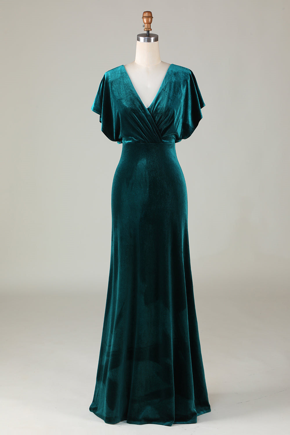 V-Neck Peacock Green Ruffle Sleeves Vlevet Bridesmaid Dress FancyVestido V-Neck Peacock Green Ruffle Sleeves Vlevet Bridesmaid Dress FancyVestido