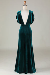 V-Neck Peacock Green Ruffle Sleeves Vlevet Bridesmaid Dress
