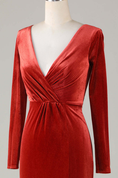 Deep V-Neck Terracotta Long Sleeves Mermaid Bridesmaid Dress