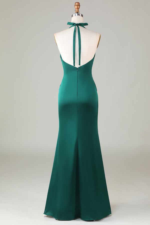 Halter Emerald Green Ruched Mermaid Bridesmaid Dress
