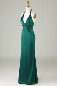 Halter Emerald Green Ruched Mermaid Bridesmaid Dress