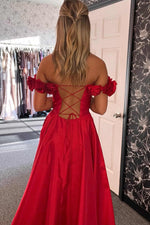 Straps Rosette Red A-Line Slit Long Prom Dress