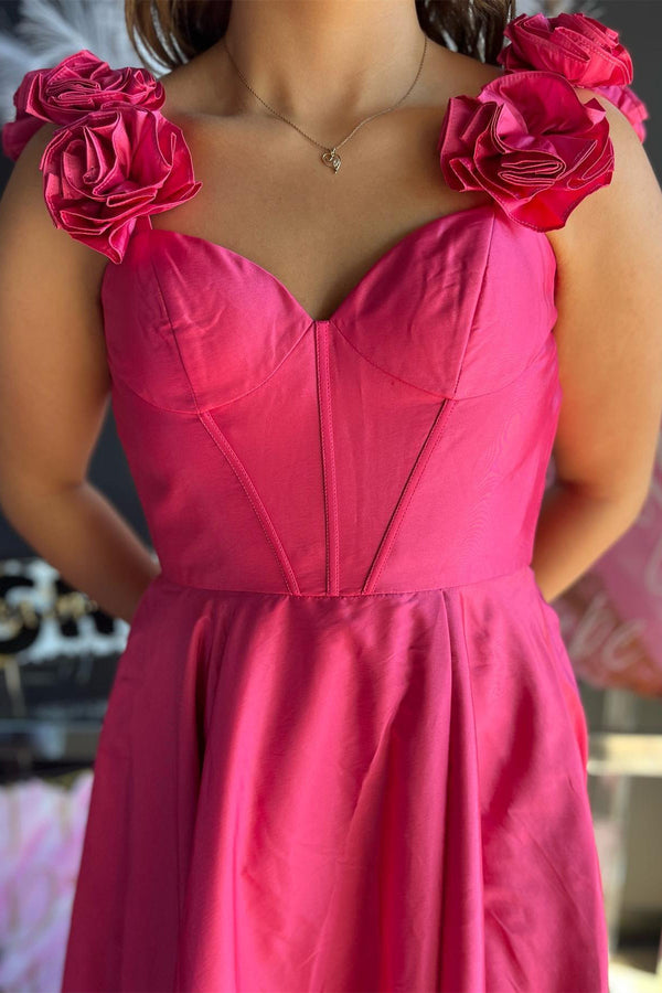 Straps Rosette Red A-Line Slit Long Prom Dress