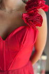 Straps Rosette Red A-Line Slit Long Prom Dress