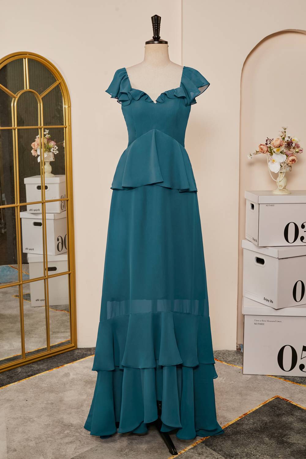 Teal Ruffle Tiered Chiffon Long Bridesmaid Dress – FancyVestido