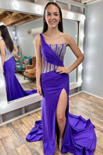 One Shoulder Purple Mermaid Prom Dress with Rhinestones