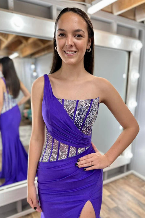 One Shoulder Purple Mermaid Prom Dress with Rhinestones