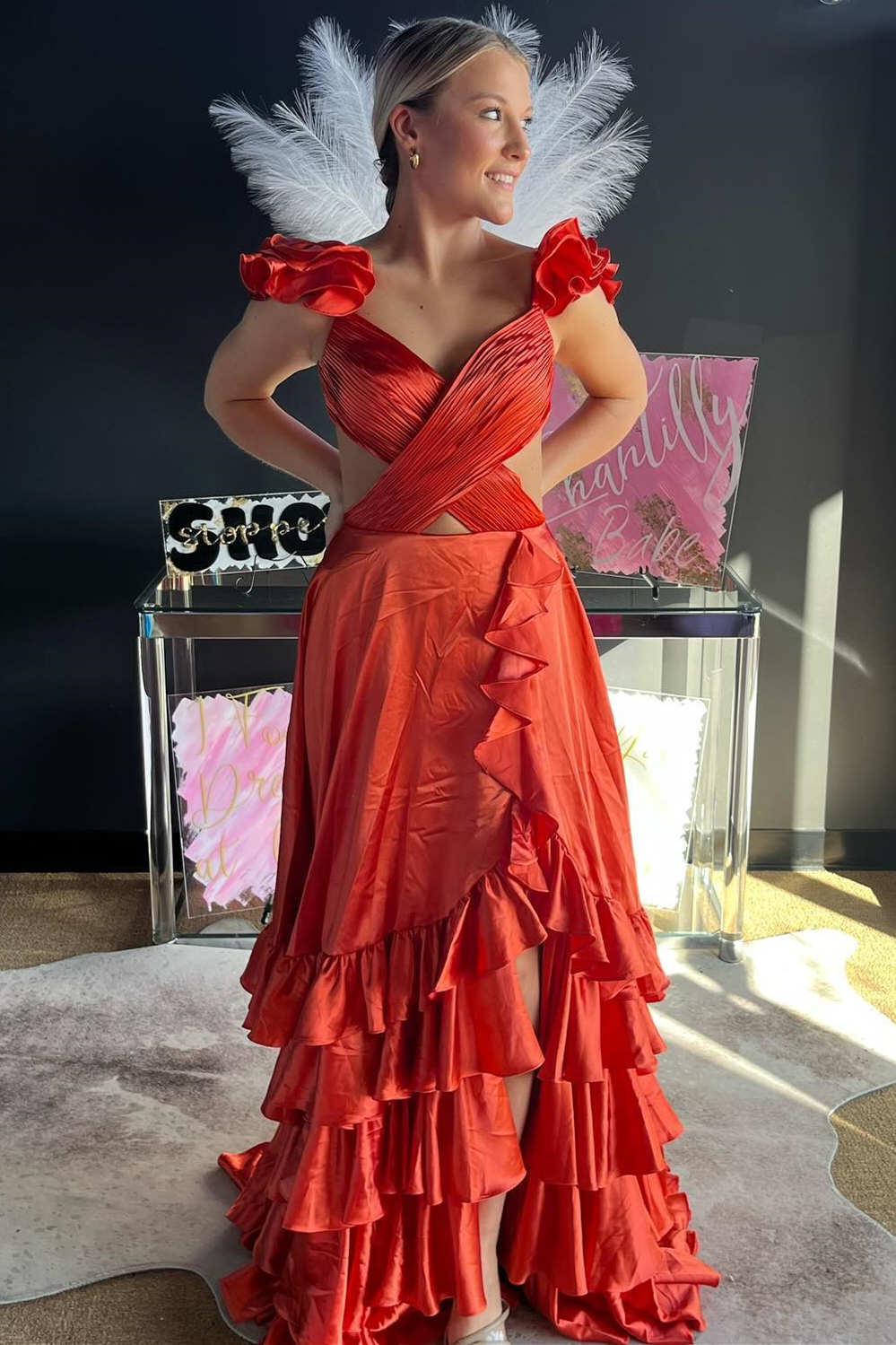 Ruffled Straps Red Pleated Layered Long Prom Dress – FancyVestido