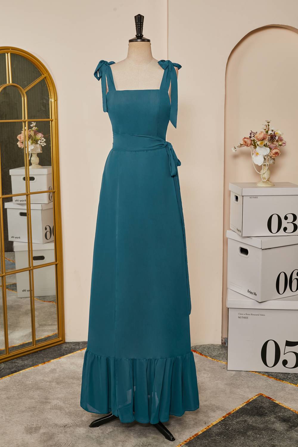 Tie Straps Teal A-Line Bridesmaid Dress with Detachable Sash