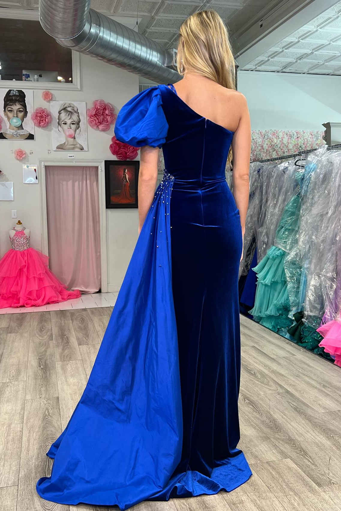 Royal Blue One Shoulder Balloon Sleeve Mermaid Prom Dress with Cape FancyVestido Royal Blue One Shoulder Balloon Sleeve Mermaid Prom Dress with Cape FancyVestido