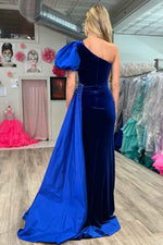 Royal Blue One Shoulder Balloon Sleeve Mermaid Prom Dress with Cape