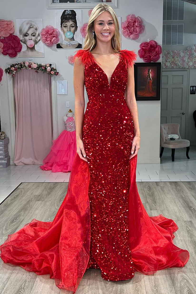 V-Neck Red Sequin Feathers Long Prom Dress with Cape