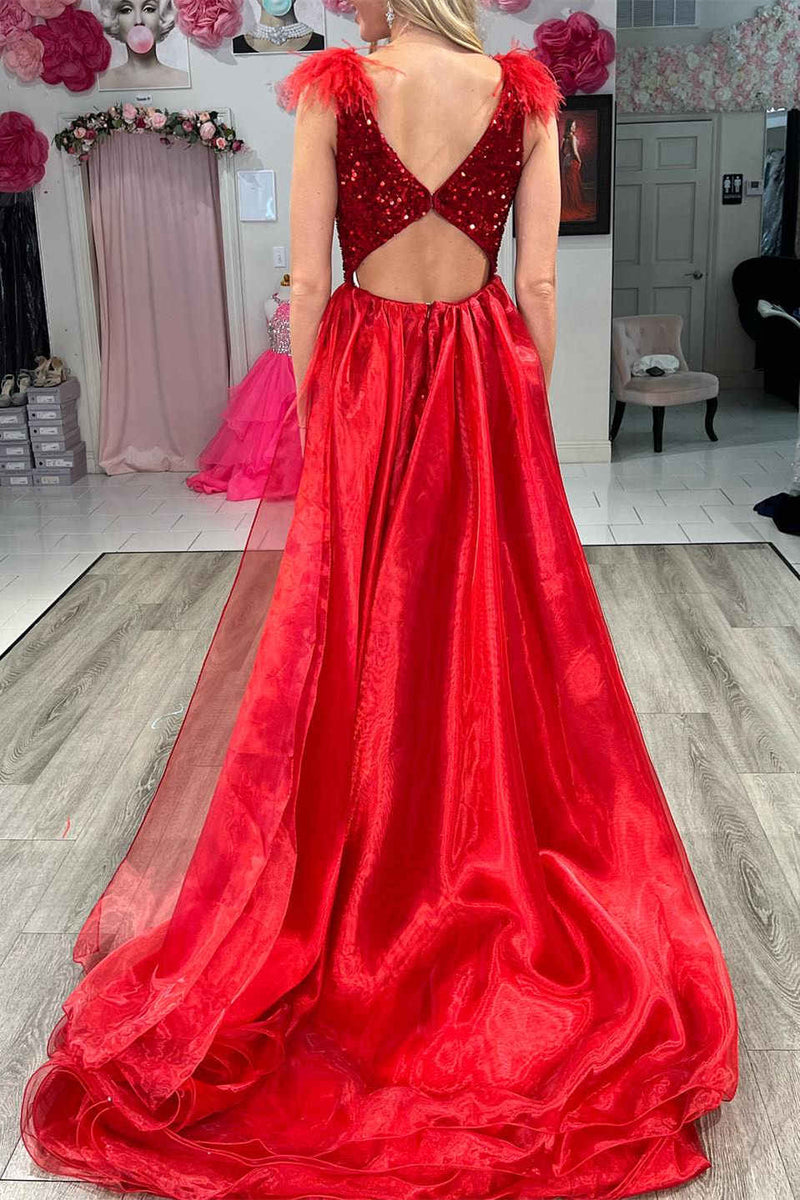 V-Neck Red Sequin Feathers Long Prom Dress with Cape