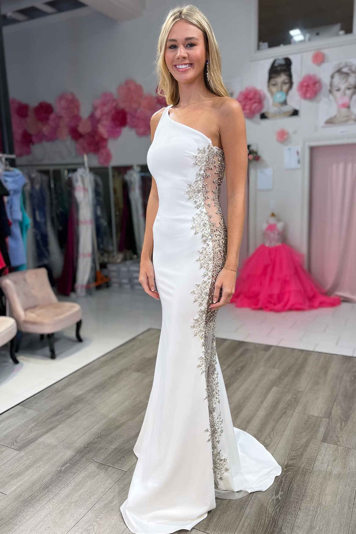Mermaid White One Shoulder Beaded Long Formal Dress FancyVestido Mermaid White One Shoulder Beaded Long Formal Dress FancyVestido