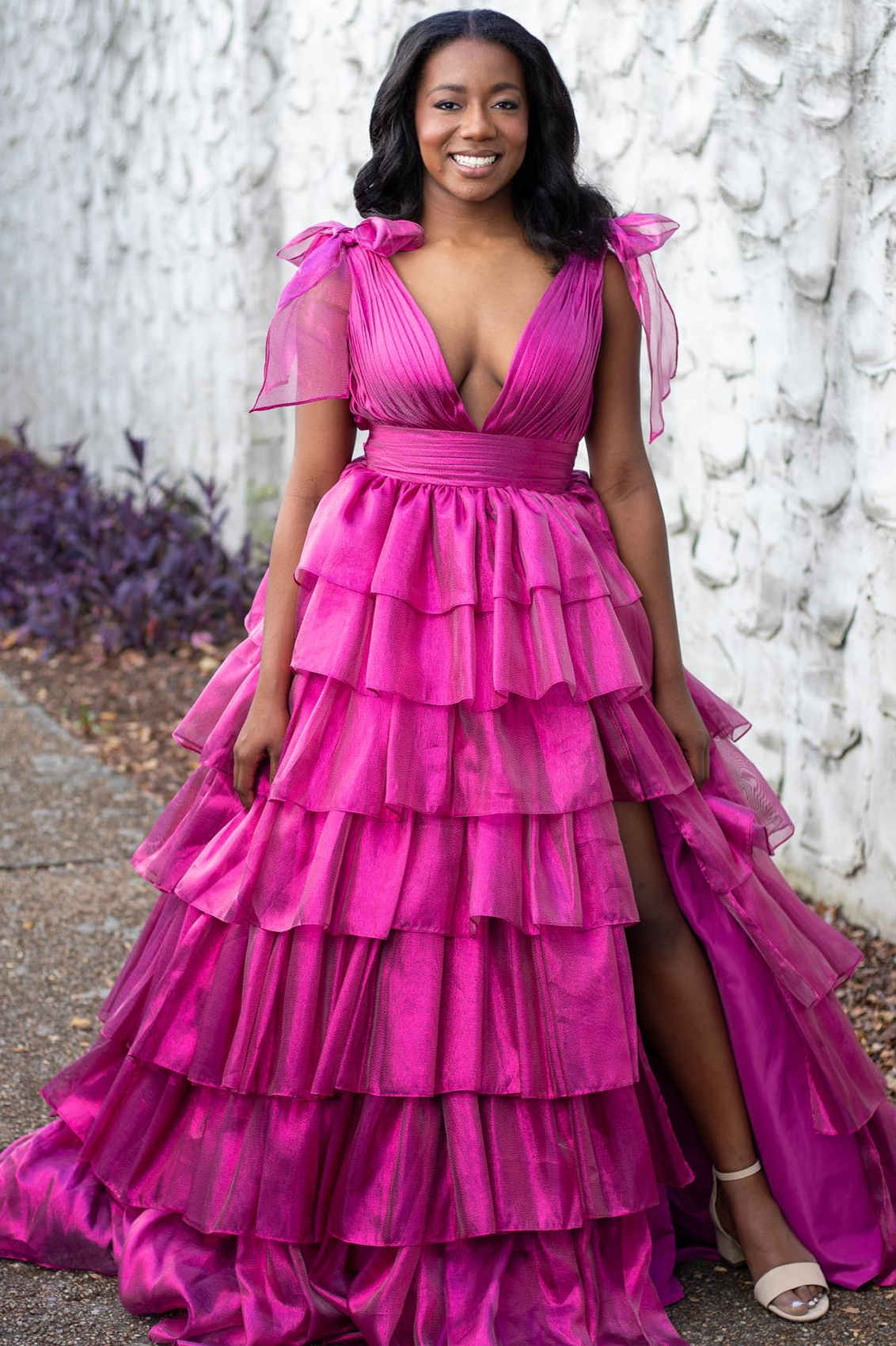 Glitter Tie Straps Pink Plunging Neck Tiered Long Prom Dress