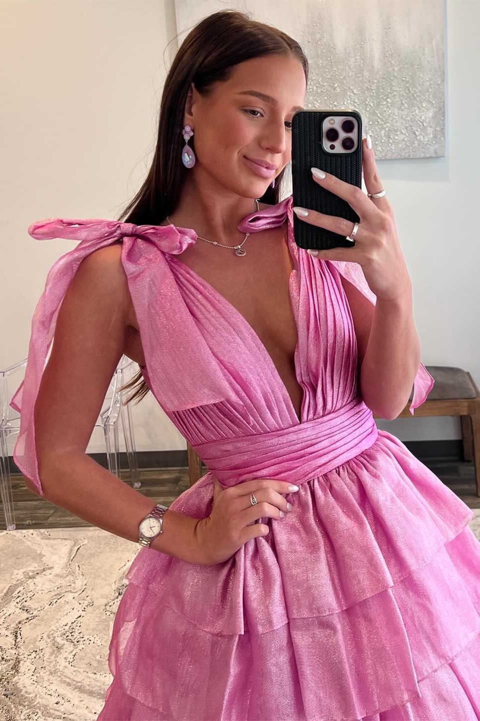 Glitter Tie Straps Pink Plunging Neck Tiered Long Prom Dress FancyVestido Glitter Tie Straps Pink Plunging Neck Tiered Long Prom Dress FancyVestido