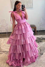 Glitter Tie Straps Pink Plunging Neck Tiered Long Prom Dress