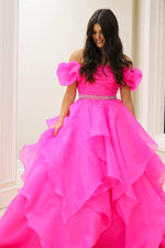 Off the Shoulder Red Balloon Sleeves Ruffle Layered Prom Dress