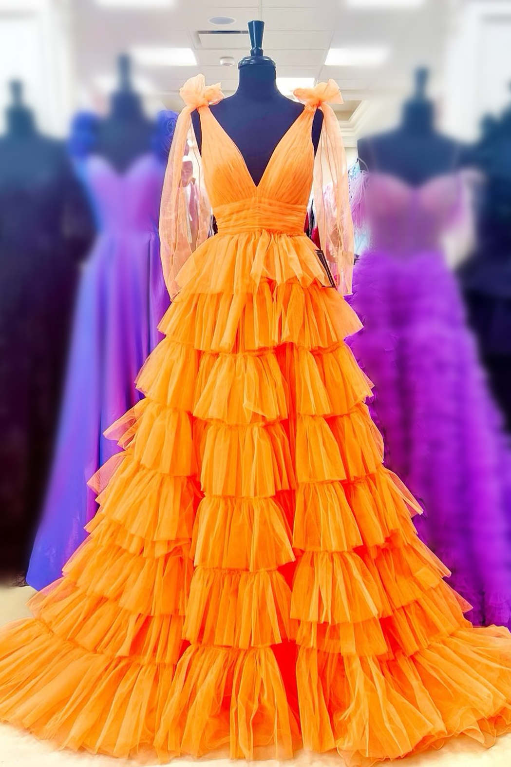 Bow Straps Orange V-Neck Ruffled Tulle Long Prom Dress with Slit FancyVestido Bow Straps Orange V-Neck Ruffled Tulle Long Prom Dress with Slit FancyVestido