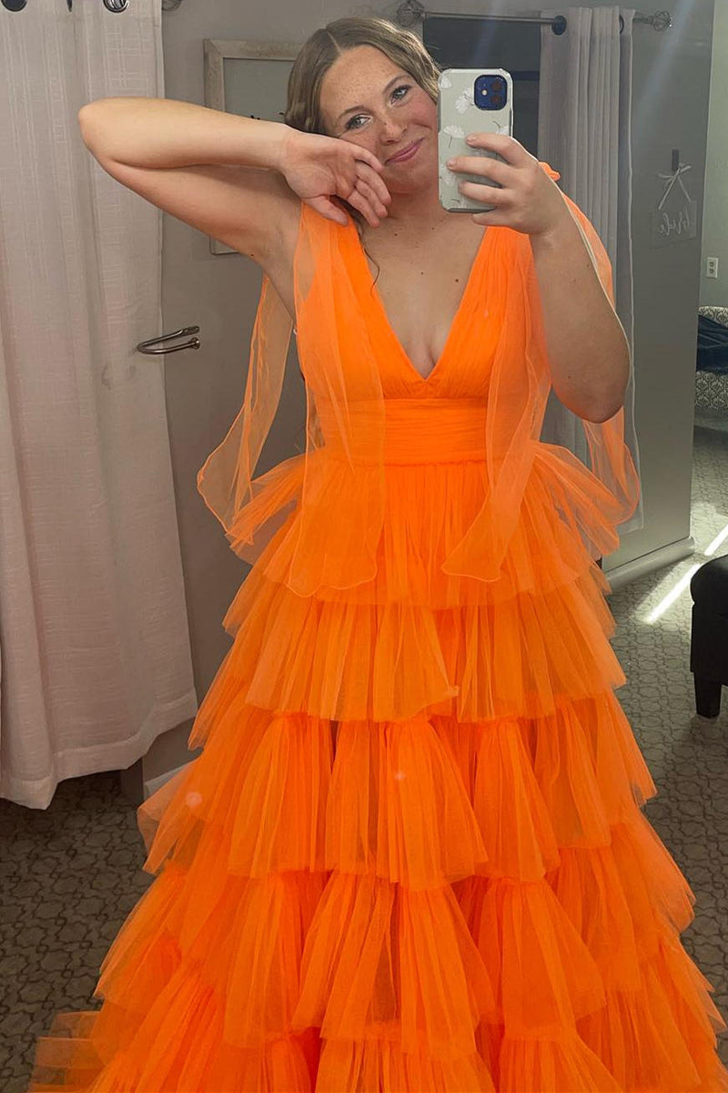 Bow Straps Orange V-Neck Ruffled Tulle Long Prom Dress with Slit