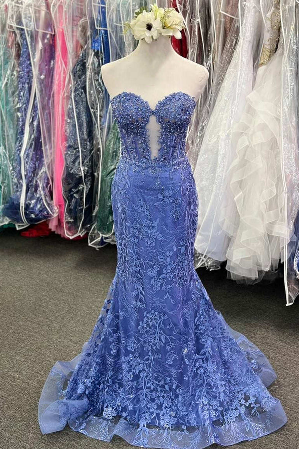 Sweetheart Periwinkle Keyhole Mermaid Prom Dress with Appliques
