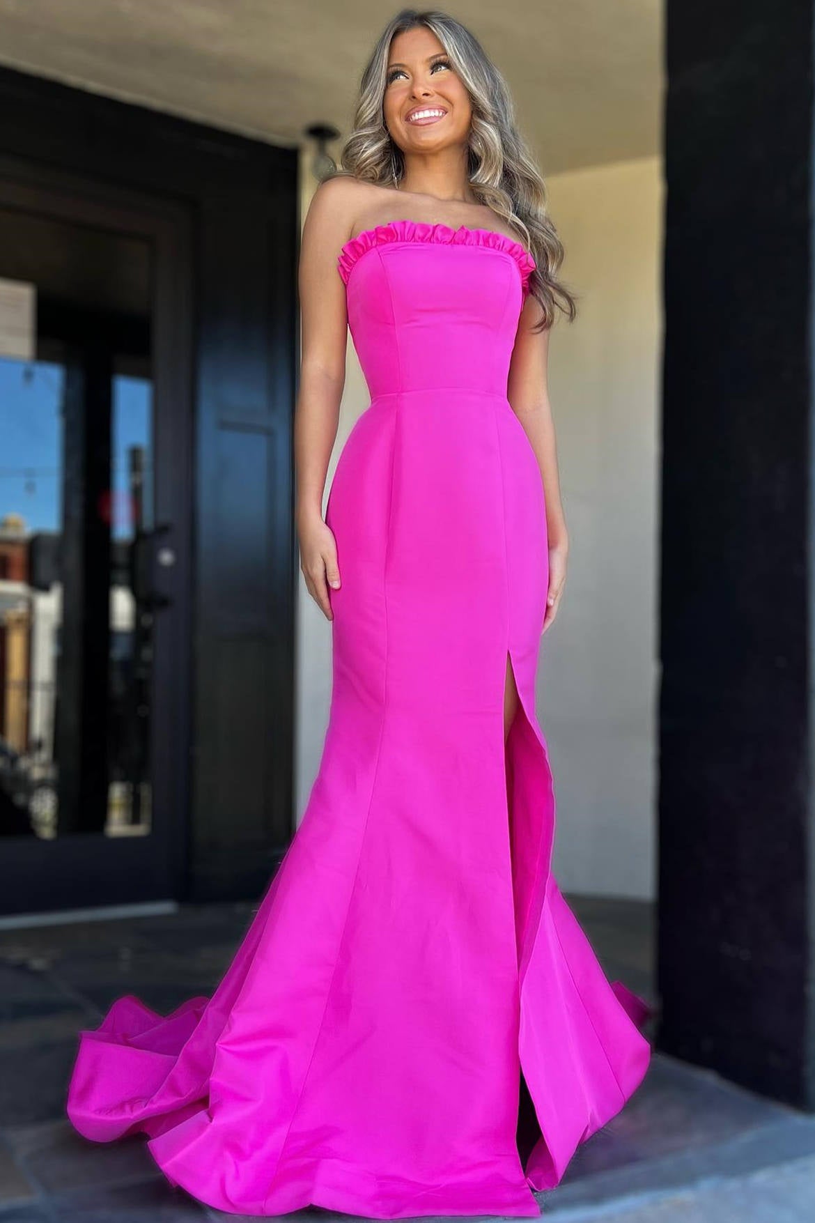 Strapless Magenta Ruffle Mermaid Slit Long Prom Dress