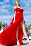 Off the Shoulder Ruffle Red Layered Tulle Prom Dress with Slit