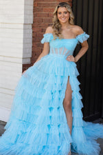 Off the Shoulder Ruffle Red Layered Tulle Prom Dress with Slit
