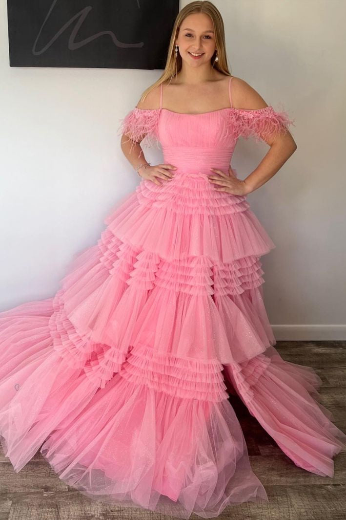 Cold Shoulder Pink Feathers A-Line Tiered Prom Dress