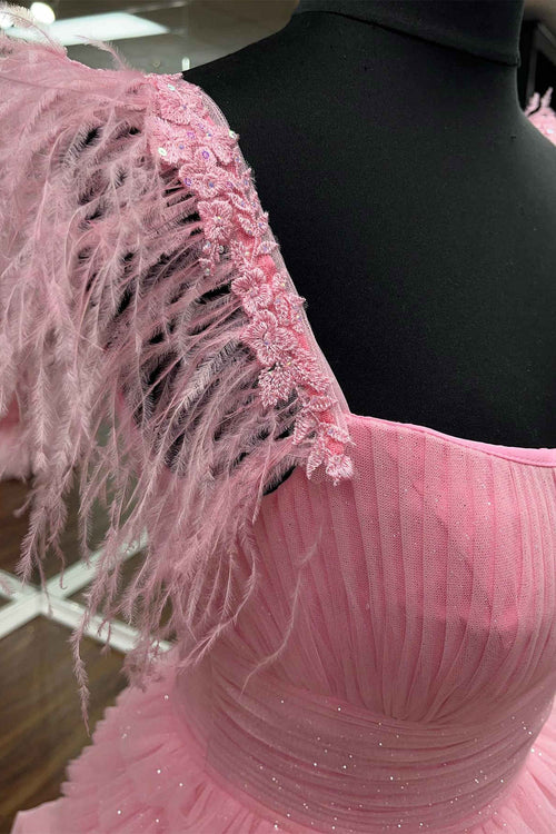 Cold Shoulder Pink Feathers A-Line Tiered Prom Dress