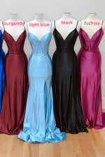 Straps Blue V-Neck Long Prom Dress with Slit