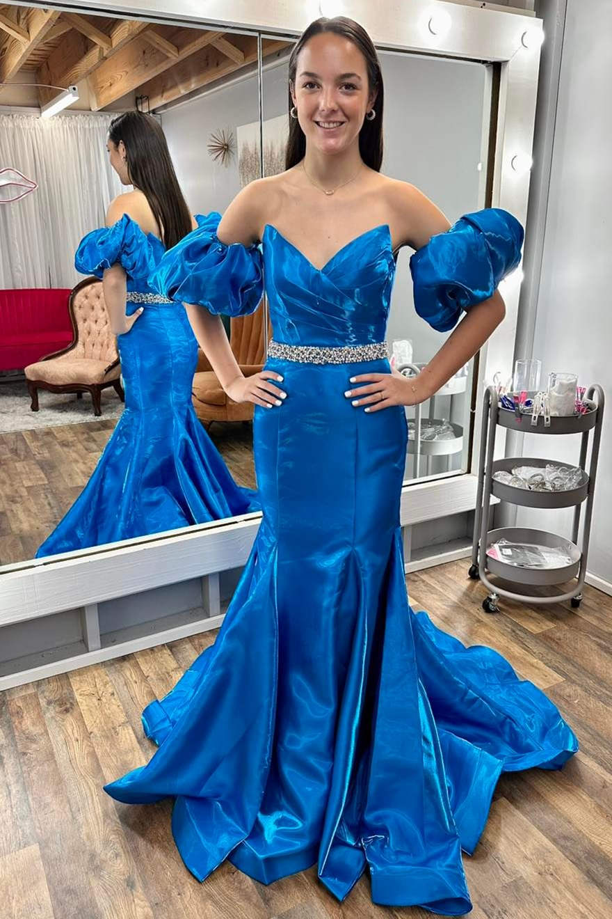 Strapless Blue Balloon Sleeves Mermaid Prom Dress with Jeweled Belt FancyVestido Strapless Blue Balloon Sleeves Mermaid Prom Dress with Jeweled Belt FancyVestido