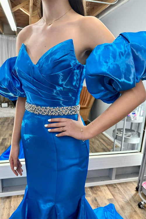Strapless Blue Balloon Sleeves Mermaid Prom Dress with Jeweled Belt