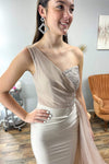 One Shoulder Nude Appliqeus Long Prom Dress with Cape