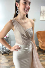 One Shoulder Nude Appliqeus Long Prom Dress with Cape