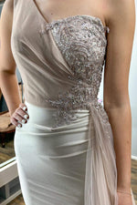 One Shoulder Nude Appliqeus Long Prom Dress with Cape