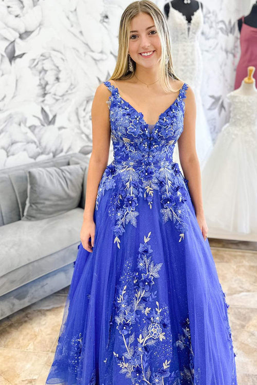Periwinkle V-Neck Floral Embroidery A-Line Long Prom Dress