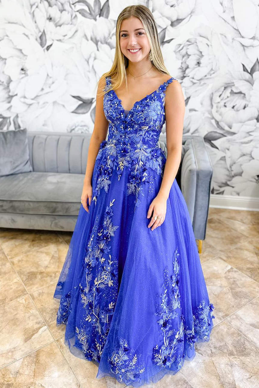 Periwinkle V-Neck Floral Embroidery A-Line Long Prom Dress