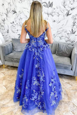 Periwinkle V-Neck Floral Embroidery A-Line Long Prom Dress