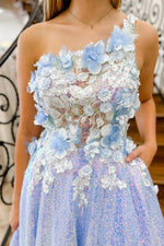 Lilac One Shoulder 3D Flowers Sequin Long Formal Dress