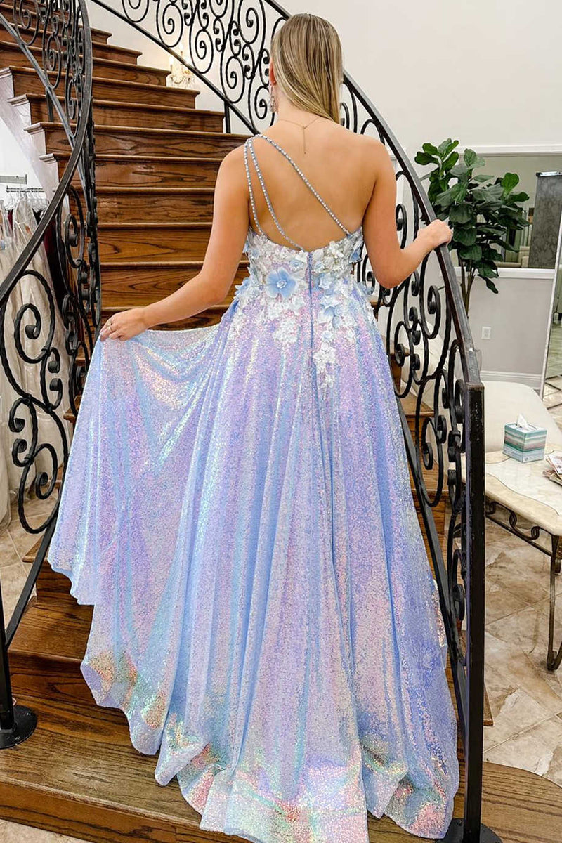Lilac One Shoulder 3D Flowers Sequin Long Formal Dress
