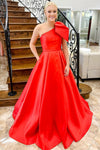 Red One Shoulder Bow Tie Satin Prom Dress with Pockets
