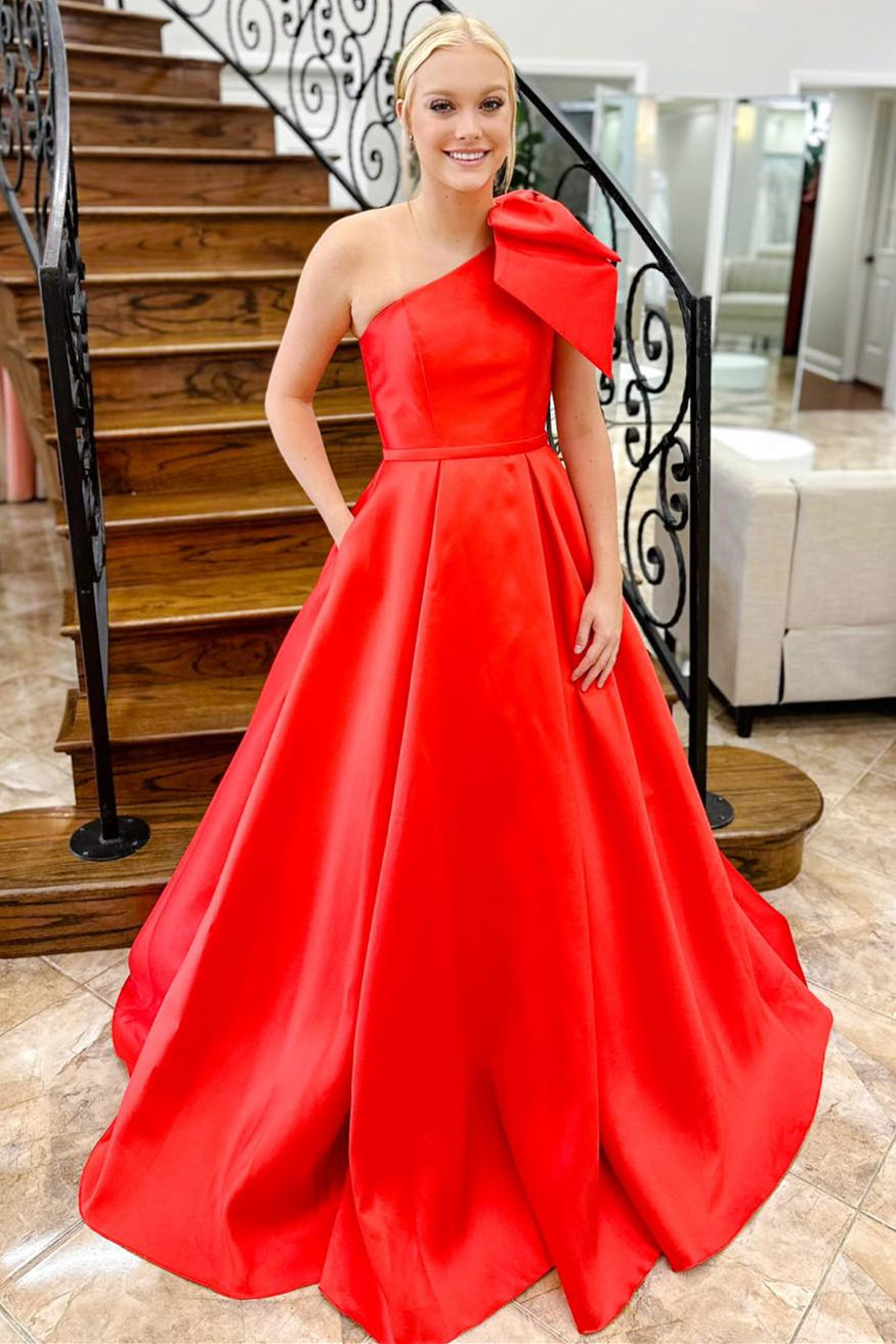Red One Shoulder Bow Tie Satin Prom Dress with Pockets FancyVestido Red One Shoulder Bow Tie Satin Prom Dress with Pockets FancyVestido