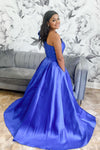 Red One Shoulder Bow Tie Satin Prom Dress with Pockets